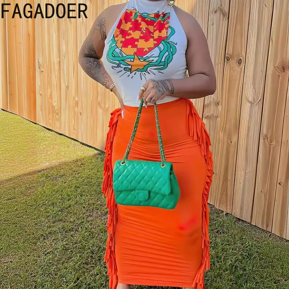 FAGADOER Y2k Street 2 Piece Sets Women Outfit Fashion Print Halter Lace-up Top and High Waist Tassels Skirt Suits INS Trendy