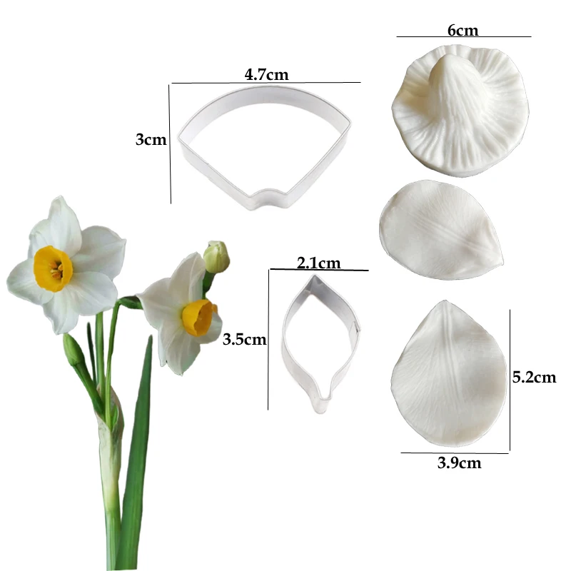 5pcs Narcissus flower Veiner Side Silicone Mold & Flower Cutter Set Cake Decorating Fondant Petal Clay Mold Sugarcraft M2507