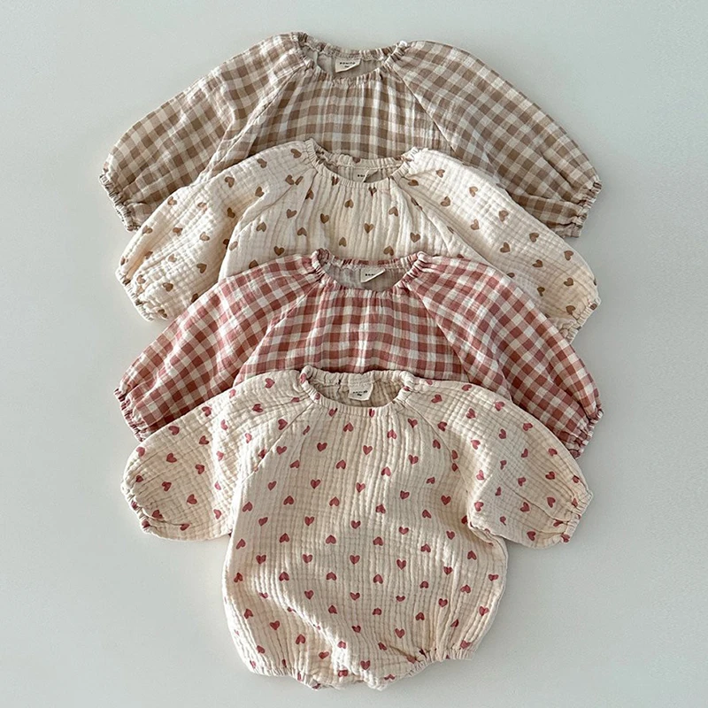 

2025 Spring Baby Girls Clothes Jumpsuits Plaid Heart Printing Romper Cute Princess Infant Bodysuits Cotton Baby Girl Romper