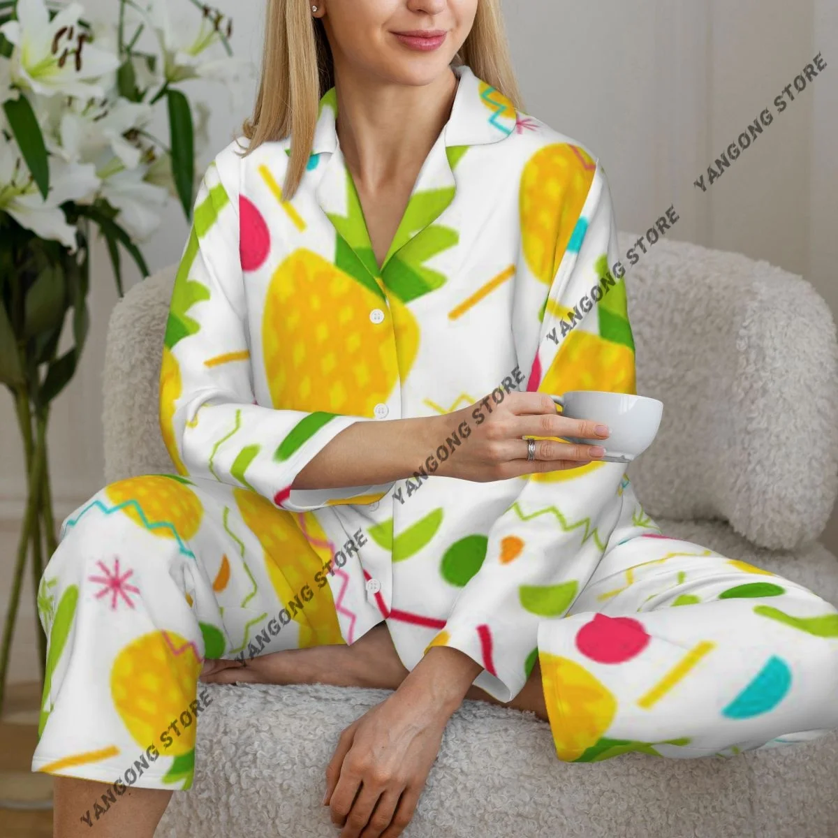 

Spring and Autumn Long Sleeve Pants Pajamas Loungewear Set Summer Pineapple Women's Pull Edge Loose Sleeping Suit