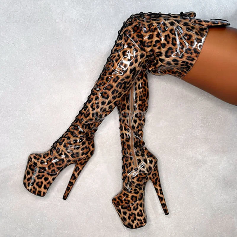 Dark Brown Leopard Thigh Boots Women Knee Platform Stiletto Men Pole Dance Round Lace Up Leather Closure Booties Wild Sexy Shoes