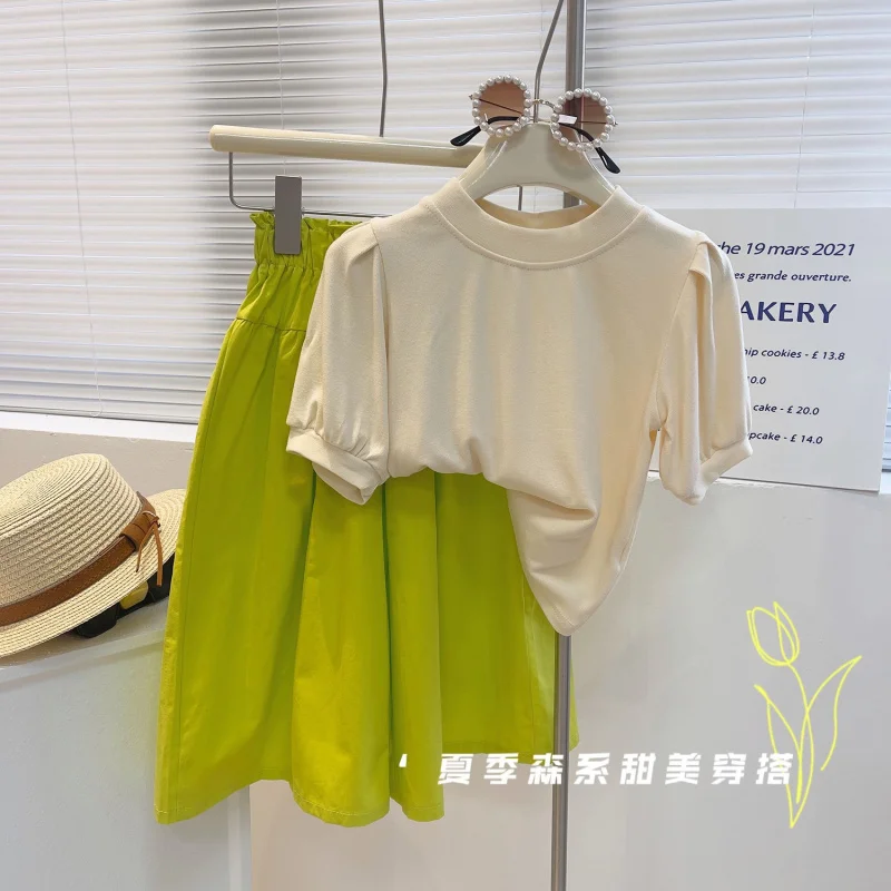 

Girls' short sleevesTT-shirt and wide-leg pants forest-style suit Summer new stylish loose-fitting round-neck top two-piece set