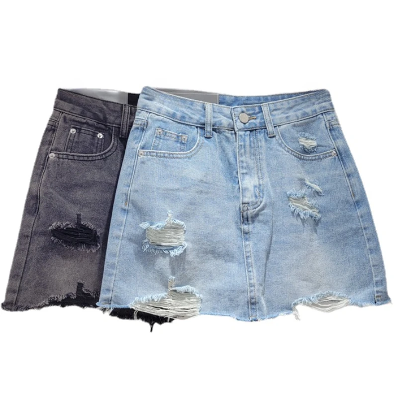 

Ripped Denim Skirt Women's Summer Thin High Waist Slimming Frayed Hip-Wrapped A- Line Short Pantskirt Woman's Street Faldas