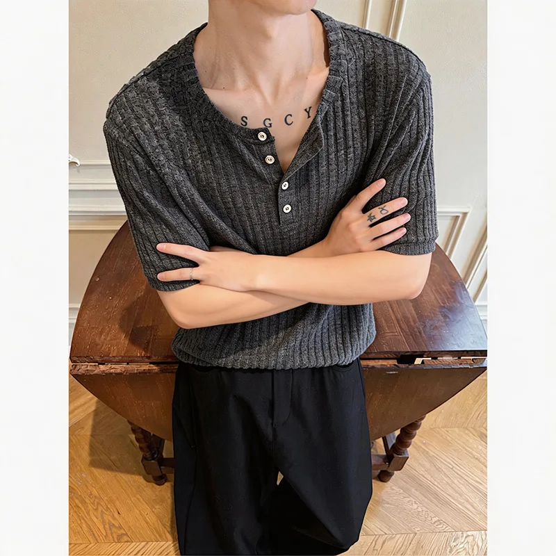 Summer Vintage Henley Neck Short Sleeve T-Shirt Men's Textured Loose Casual Top