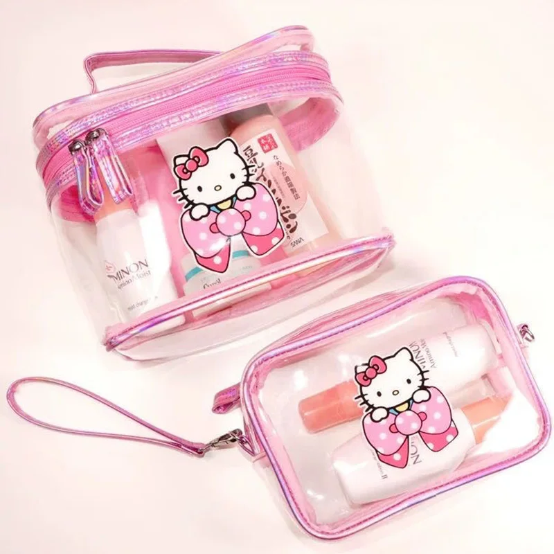 Kawaii Sanrio Hello Kitty borsa per il trucco PVC trasparente Cute Strawberry Bow Cartoon Print Portable Large Capacity Washbag Girl Gift