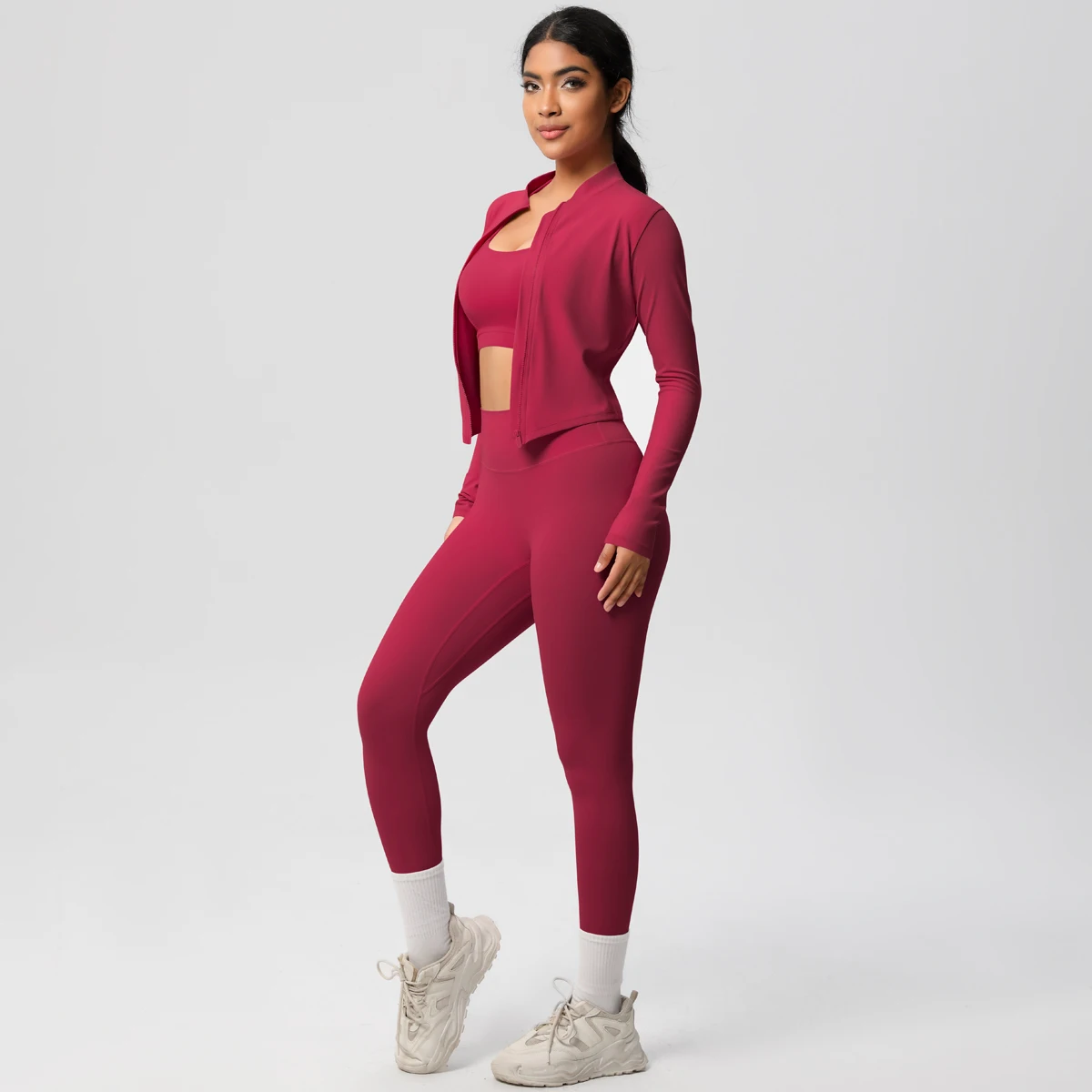 Yoga Sports Set for Woman Solid Color Sports Fitness Clothing Zipper Long Sleeves Coat Cross Bra Pants Summer GYM Sport Yoga Set