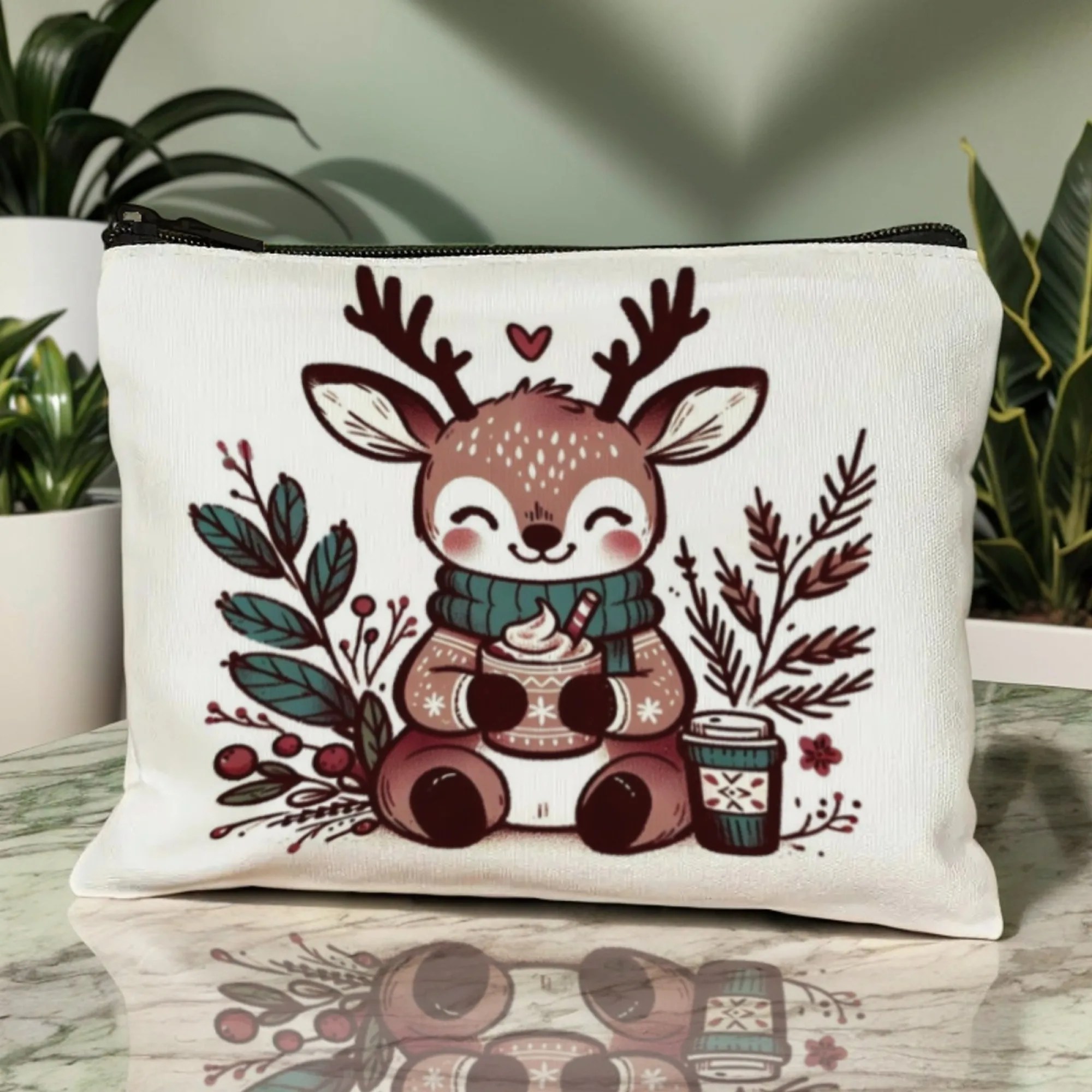 حقيبة مكياج شتوية لطيفة على شكل غزال، سترة مريحة مطبوعة بسحاب، حقيبة خفيفة الوزن للسفر، منظم مستحضرات التجميل، حقيبة أدوات الزينة الحيوانية الرائعة