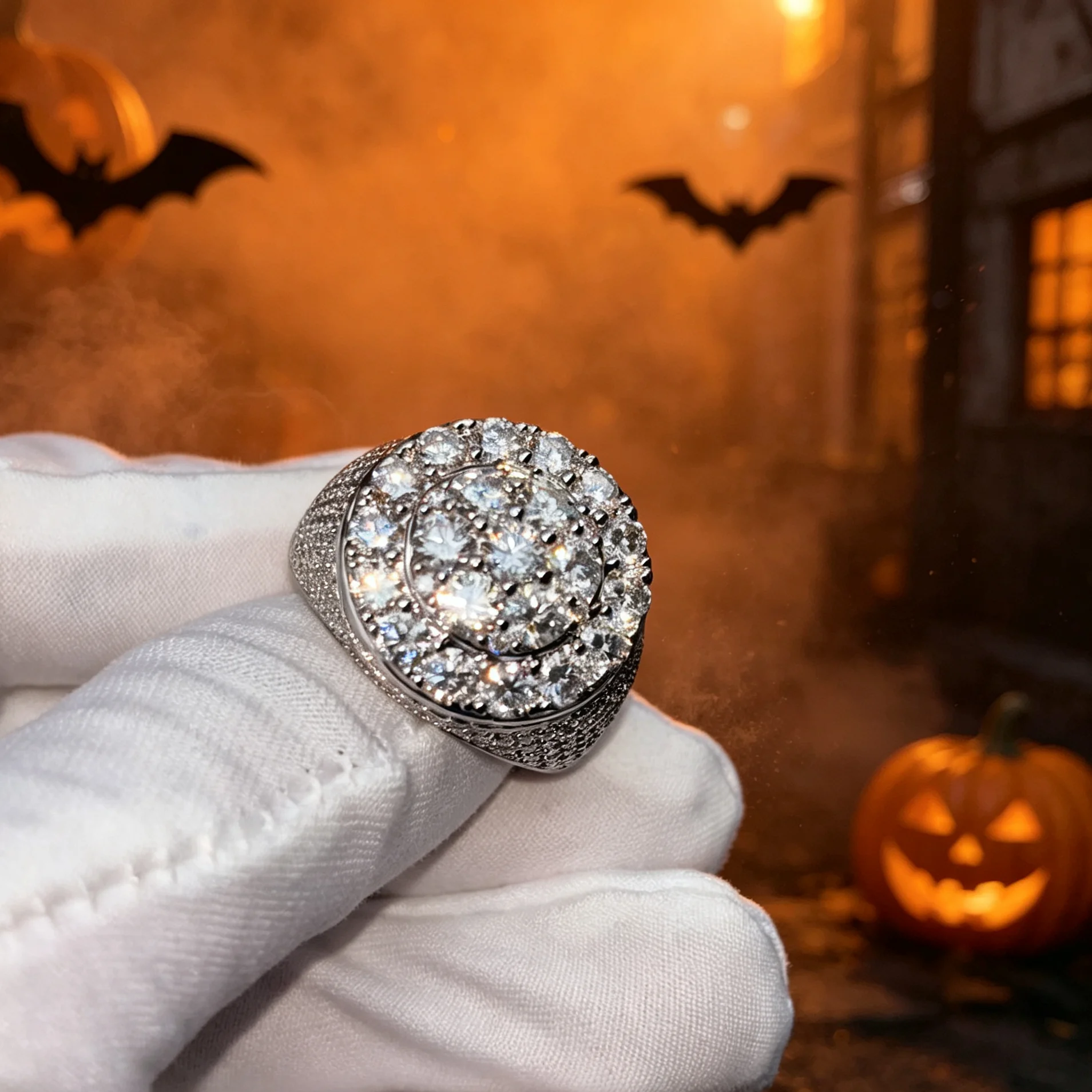Iced Out Round Cluster Moissanite Ring Silver Tone Full Pave Bling Men's Hip Hop Statement Ring Halloween Holiday Birthday Party Gift Jewelry