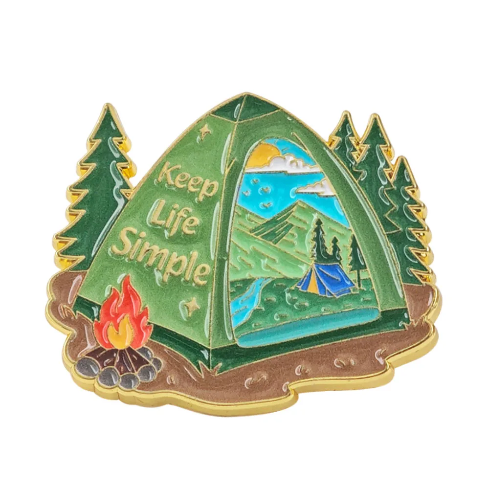 Keep Life Simple Enamel Pins Camping Tent Brooches Campfire Mountain Nature Landscape Lapel Badges Outdoor Travel Jewelry Gift