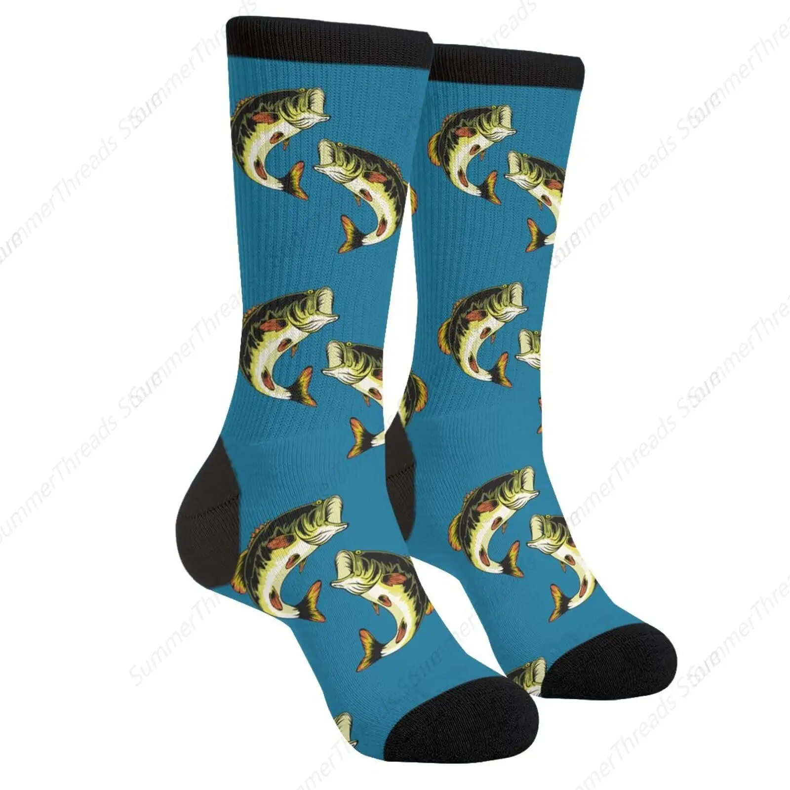 Fly Fishing Large Mouth Bass Fish Lake Casual Unisex Novelty Fun Crew Socks Fashion Comfortable Men And Women Crazy Dress Socks