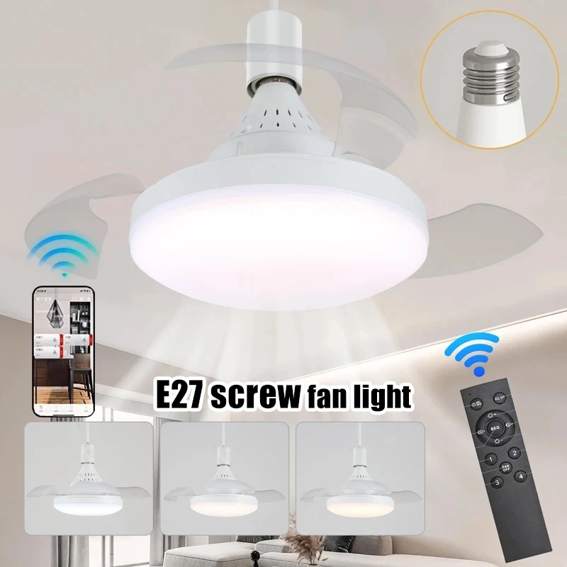 Ventilatore da Soffitto con Luce, Controllo Remoto APP, Pale Retrattili, Attacco E27, 4 Velocità, Dimmerabile, Timer, per Camera da Letto e Soggiorno