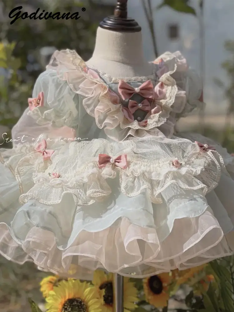 Sweet Baby Girls High End Lolita Princess Dress Childrens Cute Puff Sleeve Lace Trim Bow High Waist Birthday Party Tulle Gown