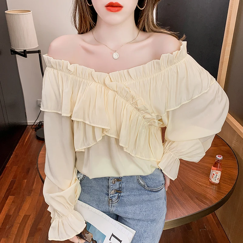 

Korean Fashion Slash Neck Spliced Pleats Women Tops Casual Ladies Shirts Blouses Woman Shirt Female Girls Long Sleeve Blouse