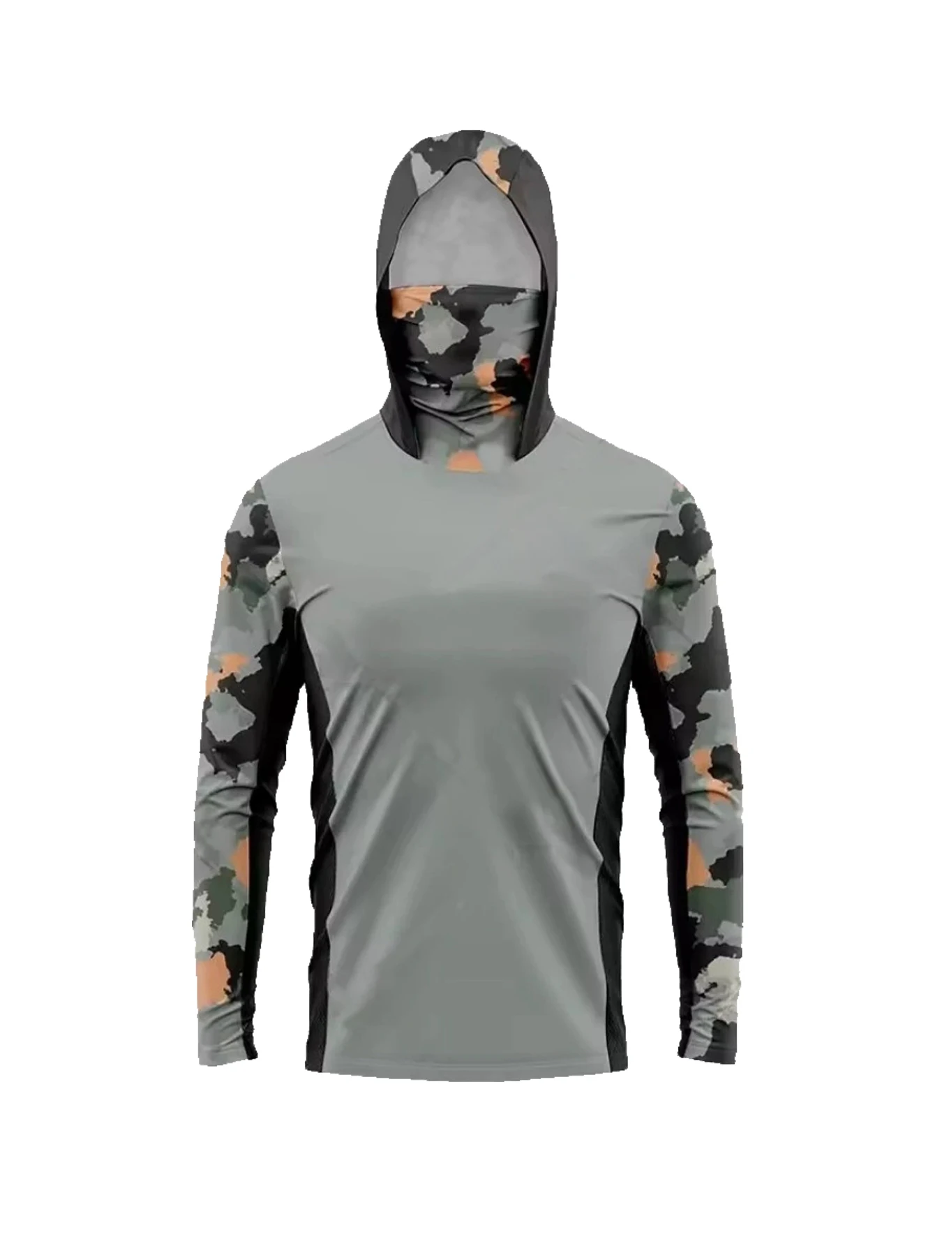 Ocean Blue Digital Brushstroke Camo Men Fishing Hooded Shirt Built-in Face Cover  Sun Protection Quick-Dry Long Sleeve Tops view 4