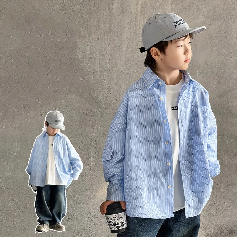 

Baby Boy Long Sleeves Shirt Child Autumn Classical Striped Jacket Boys Shirt Outdoor Wear Tween Boy Casual Fashion Coat Age2-11Y