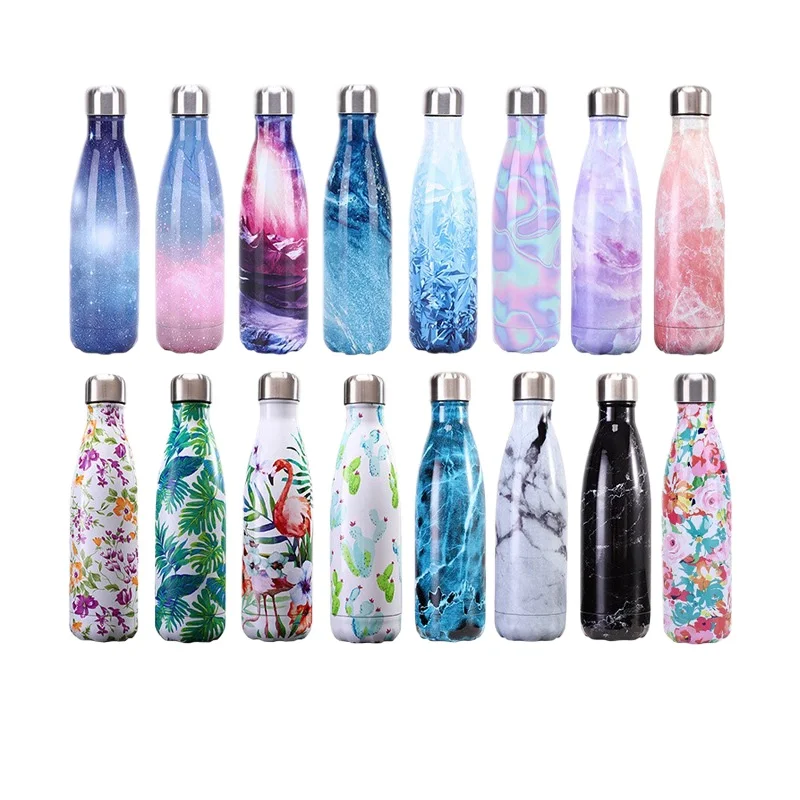 Botella Aislada con Forma de Cola de 500 ml, Termo de Acero Inoxidable 304, Botella de Agua Portátil con Diseño de Mármol/Estampado