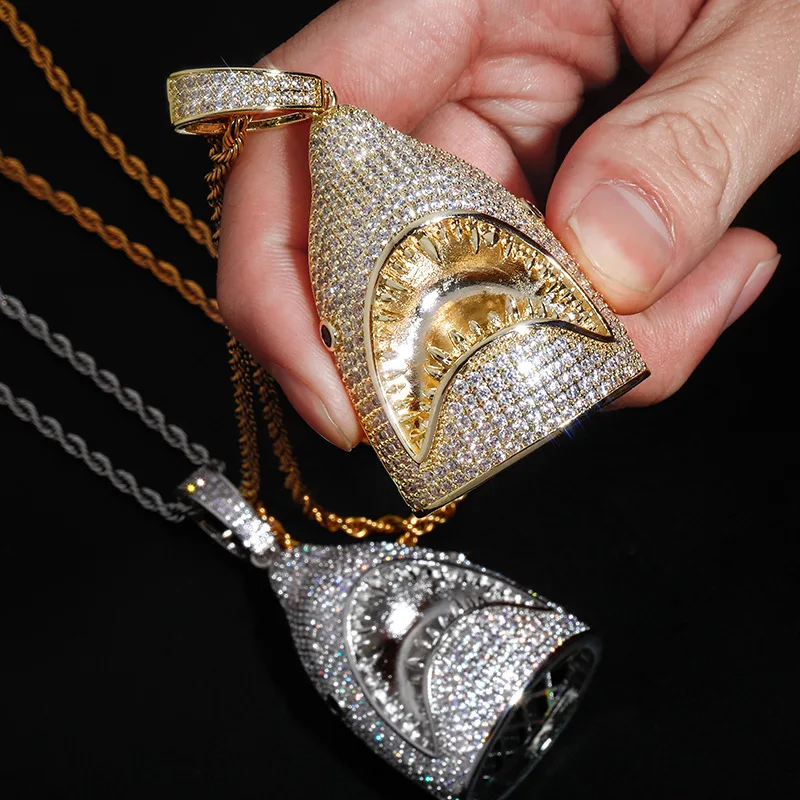 Hip Hop AAA+ CZ Stone Paved Bling Iced Out Great White Shark Head Pendants Necklaces for Men Rapper Jewelry Gift