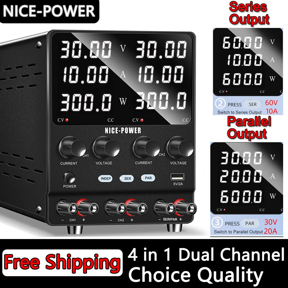 NICE-POWER Dual Output Lab Power Supply, 30V 10A Adjustable Switching Regulated Series (60V 10A) Parallel (30V 20A) Power Supply