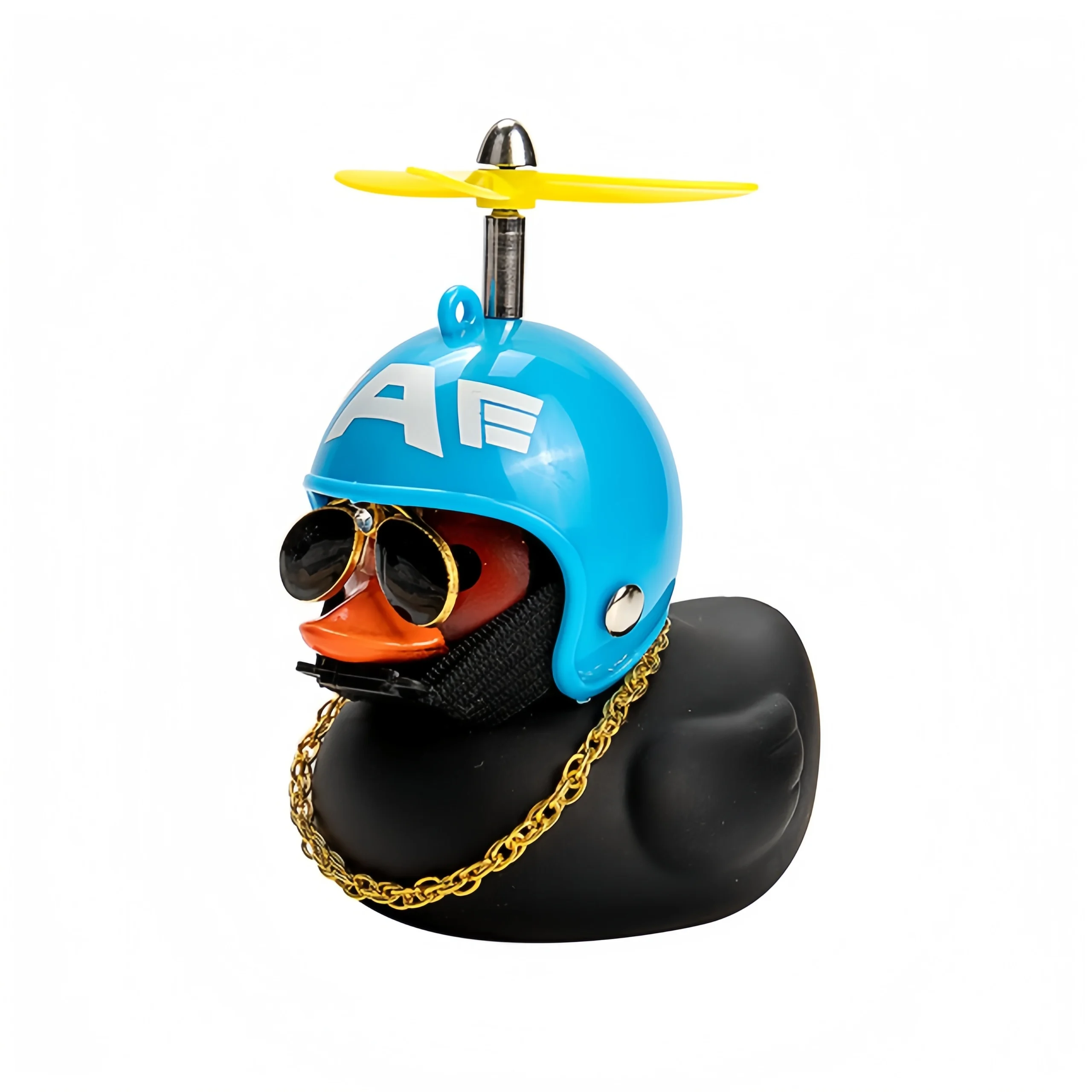 Schwarze Gummi-Ente als Auto-Armaturenbrett-Ornament mit Propeller, Helm und Sonnenbrille, Lustiges Auto-Innenzubehör, Fahrrad-Ornament, Geschenk – Detail 8