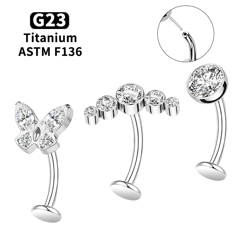14G G23 Titan Gebogener Bauchnabelpiercing mit Weißem Zirkonia Flacher Implantierbarer Nabelschmuck Elegantes Pin-Typ Piercing-Accessoire