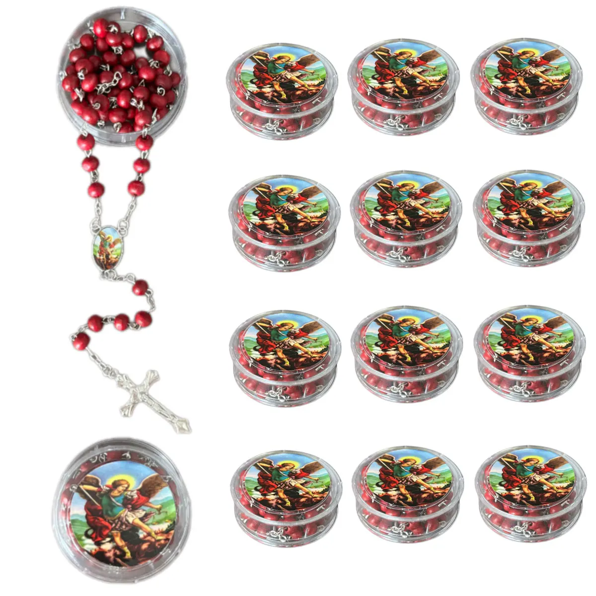 Rosario Rojo de San Miguel Arcángel con Caja, Collar de Cuentas de Oración Católicas, Rosario de San Miguel Arcángel, Joyería Religiosa