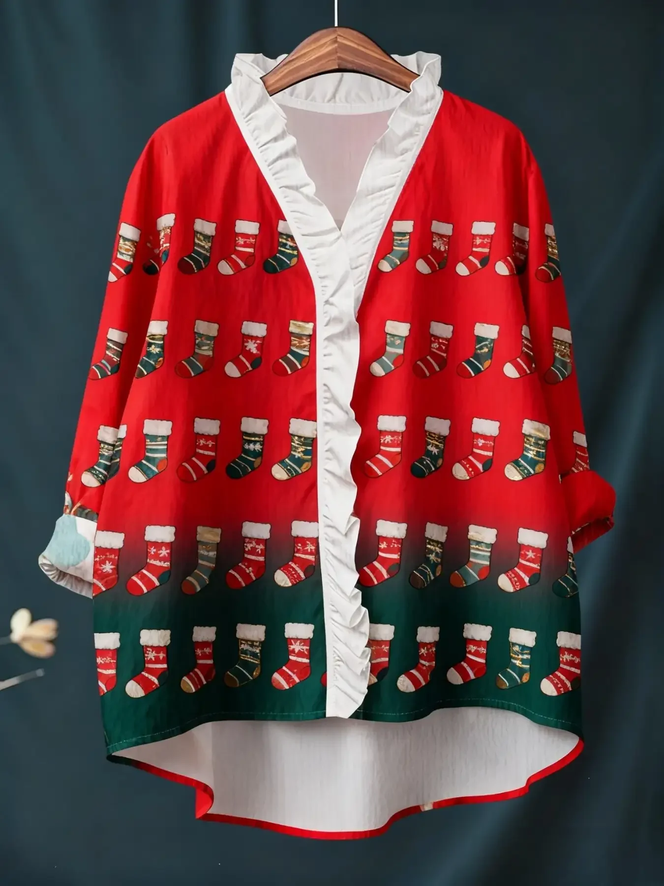 Women's Christmas Digital Printed New Long Sleeve Shirt with Ruffle Collar, Red and white patchwork wreath pattern top