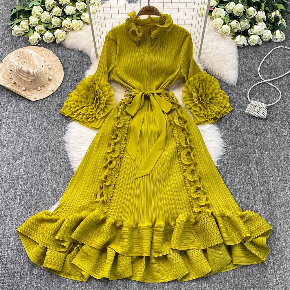 Miyake plissado cor sólida vestido feminino nicho luz vento maduro tridimensional flor cintura fina pingente vestido roupas