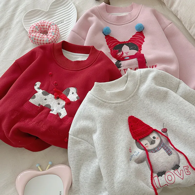 

2025 Winter New Hot Selling Velvet Round Neck Cute Animal Pattern Thick Western Style Hoodie