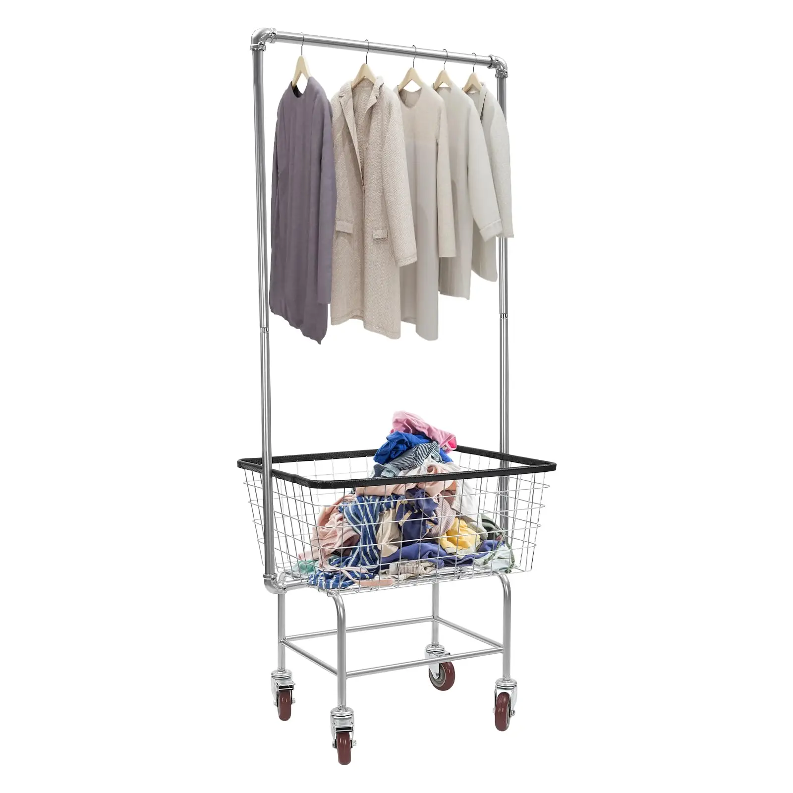 Carrello portabiancheria, Carrello portabiancheria in filo d'acciaio, Cesto portabiancheria con ruote, Carrello portabiancheria commerciale resistente con portacanne 27x22x67