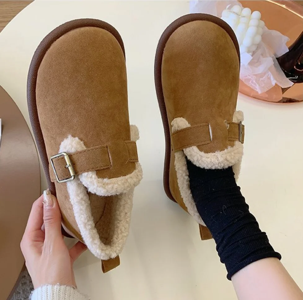 2024Winter Retro Women's Lamb Wool Shoes Warm Fur Flat Loafers Women Outdoor Waterproof Ankle Boots Lazy Driving Shoes