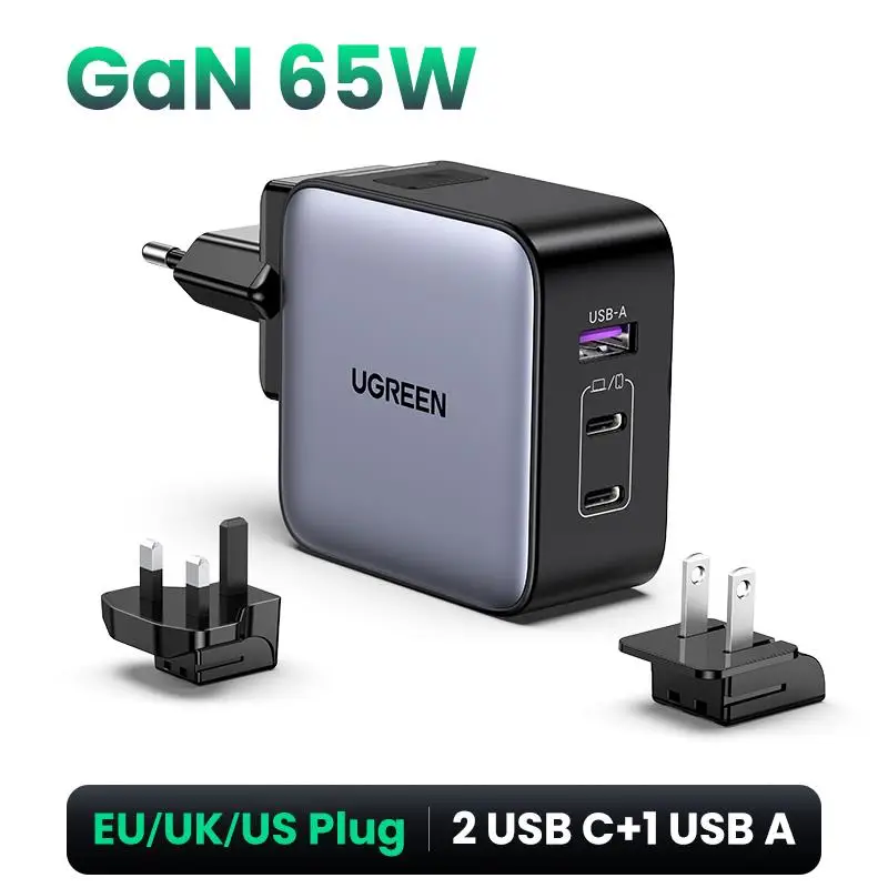 To GaN 65W Travel Adapter All-in-one Travel Charger with 1 USB Ports and 2 Type C Wall Charger for US EU UK Travel