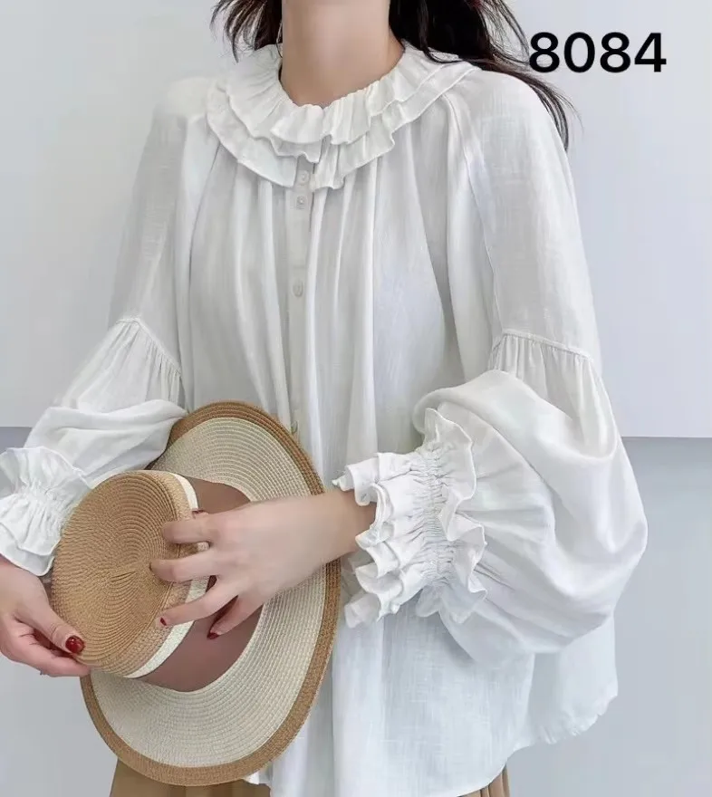 New Autumn Cotton Sweet Shirts Women Solid Ruffles Tops Long Sleeve Peter Pan Collar Loose Cute Doll Blouses Spring T39346QM