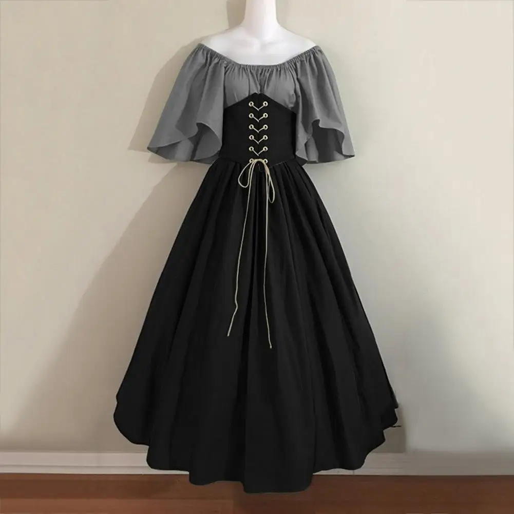 Europe and the United States medieval vintage color patchwork flying sleeve lace-up waist full skirt one-line shoulder dress