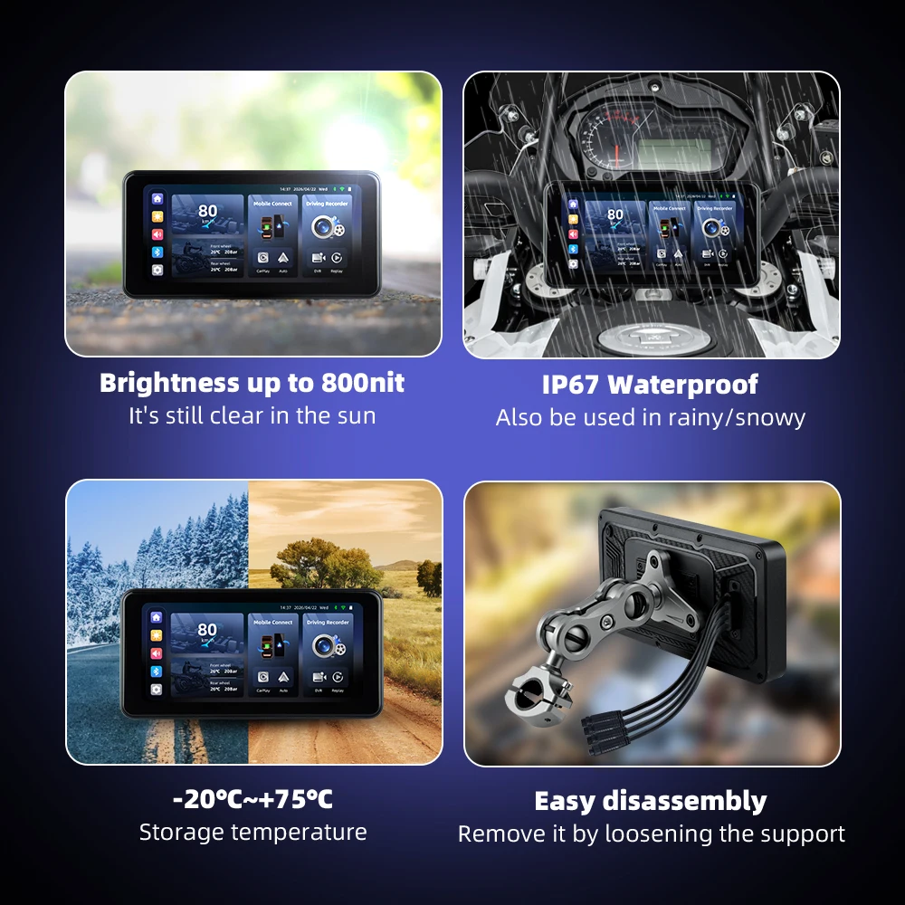 6.25" Wireless CarPlay Moto Android Auto Portable Digital Motorcycle Dashboard GPS Navigation Display Screen TPMS Monitor