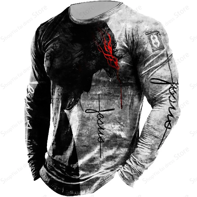 Vintage Men\'s Long Sleeve T-shirt 3d Jesus Christian Print Graphic T Shirts Men Fashion Tops Tees Outdoor Sports Tops Fitness