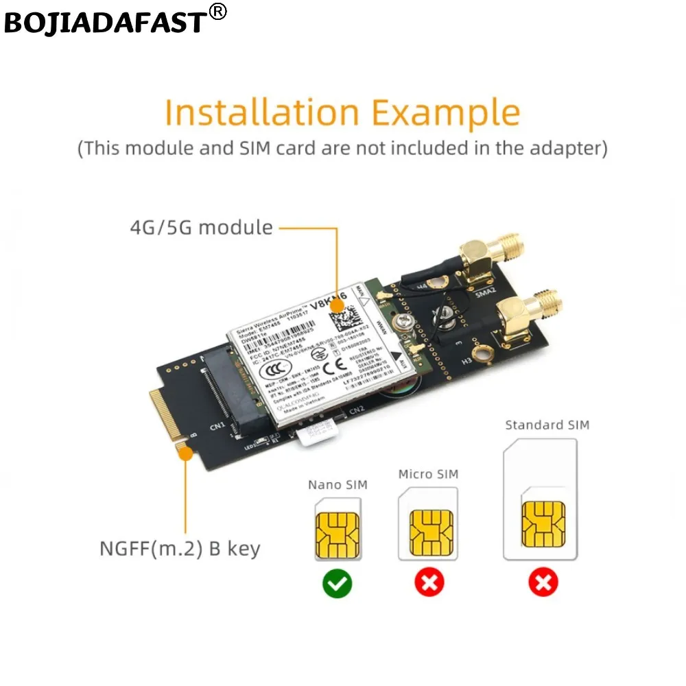 M.2 ngff b-key para chave-b slot adaptador sem fio 1 suporte de cartão nano sim com 2 antenas para módulo de modem gsm 5g 4g 3g lte segunda guerra mundial