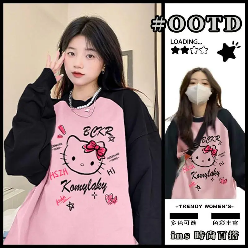 

Толстовка с капюшоном Hello Kitty из мультфильма Sanrioed, осенне-зимние свободные топы с круглым вырезом для девушек и студенток, модный милый женский пуловер, толстовка