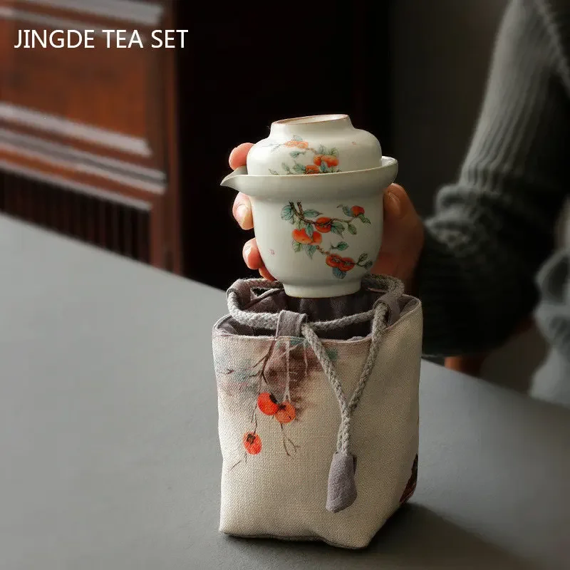 Portable Ceramics Tea Pot and Cup Set Chinese Tea Infuser Customized Tea Ceremony Supplies Travel Tea Set A Pot of Two Cups