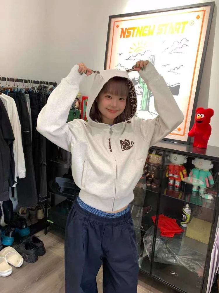 Deeptown Kawaii Zip Up Hoodies Women Japanese Style Vintage Leopard Print Sweatshirts Oversized Cute Embroidered Bunny Hoodies