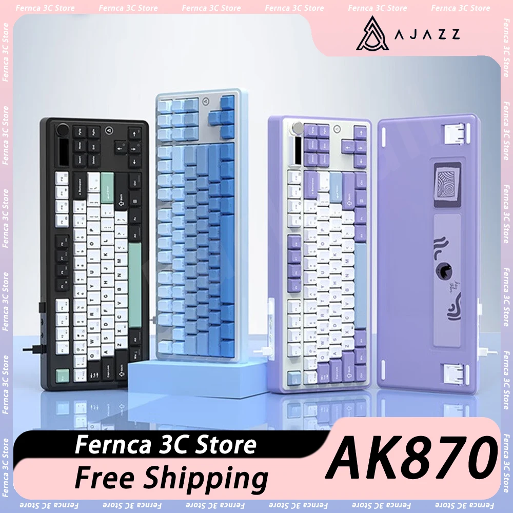 

AJAZZ AK870 Mechanical Keyboard Three Mode RGB Hot Swap Wireless Custom Screen Multifunctional Knob Gaming Keyboard Gasket Gamer