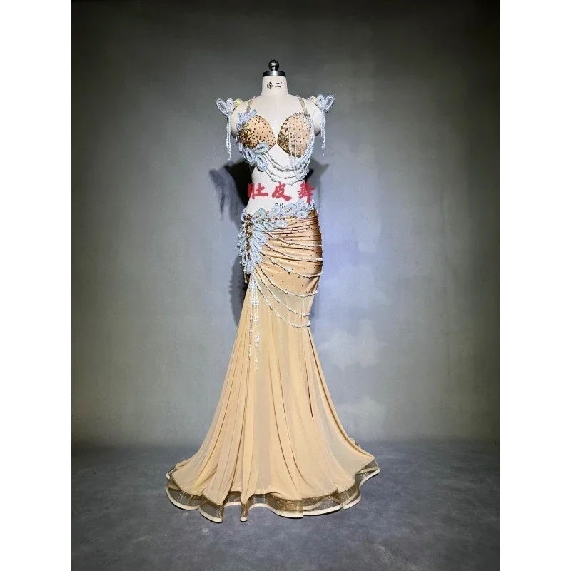 Customized Belly Dance Dress Performance Dress New Mirad High End Yellow Color Sexy Bag Hip Tail Skirt Bra