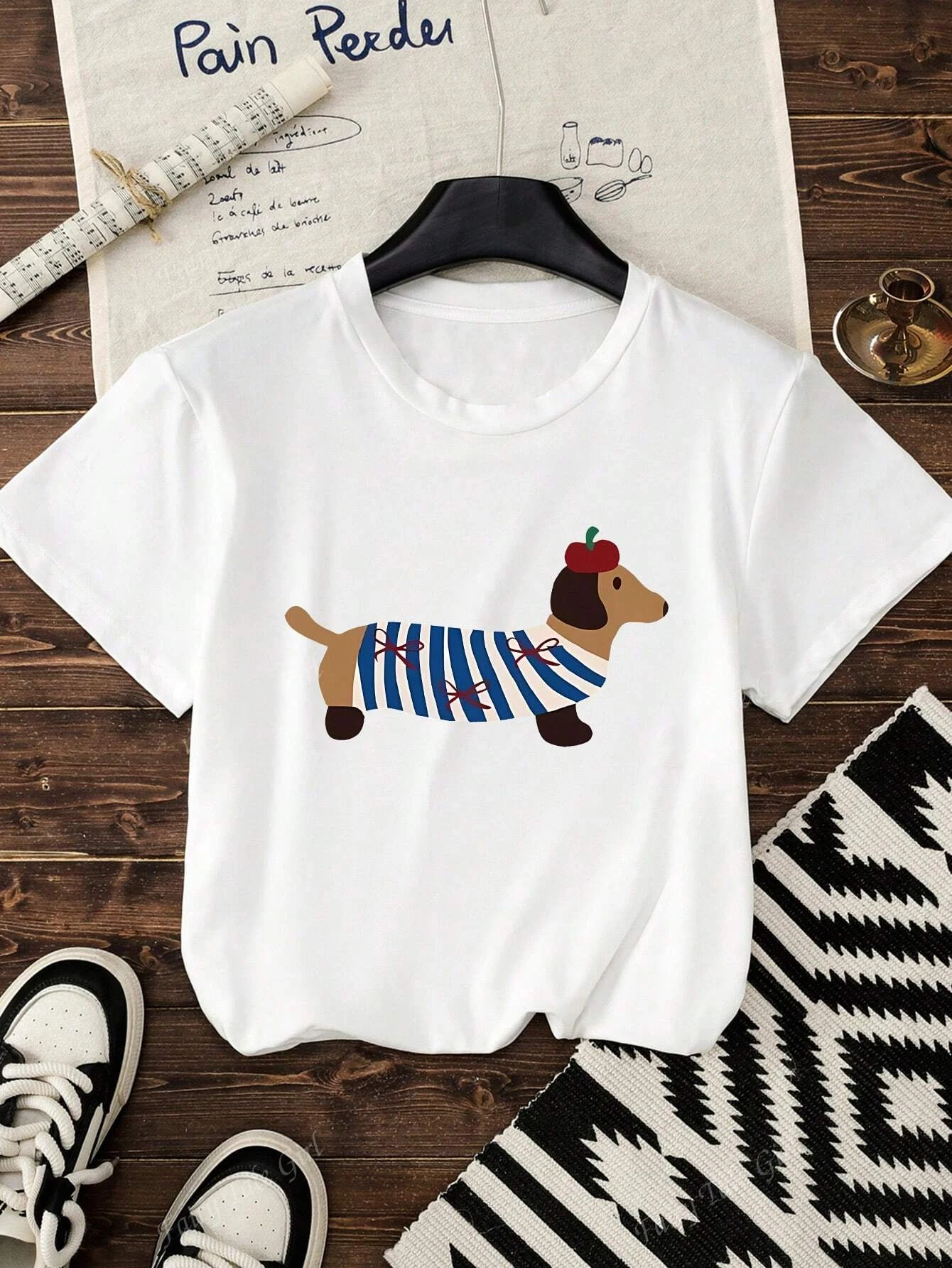 Fun Sausage Dog Printed Cotton T-shirt Summer Women's Leisure Home Travel Tee Round Neck Comfortable Breathable Y2k Top