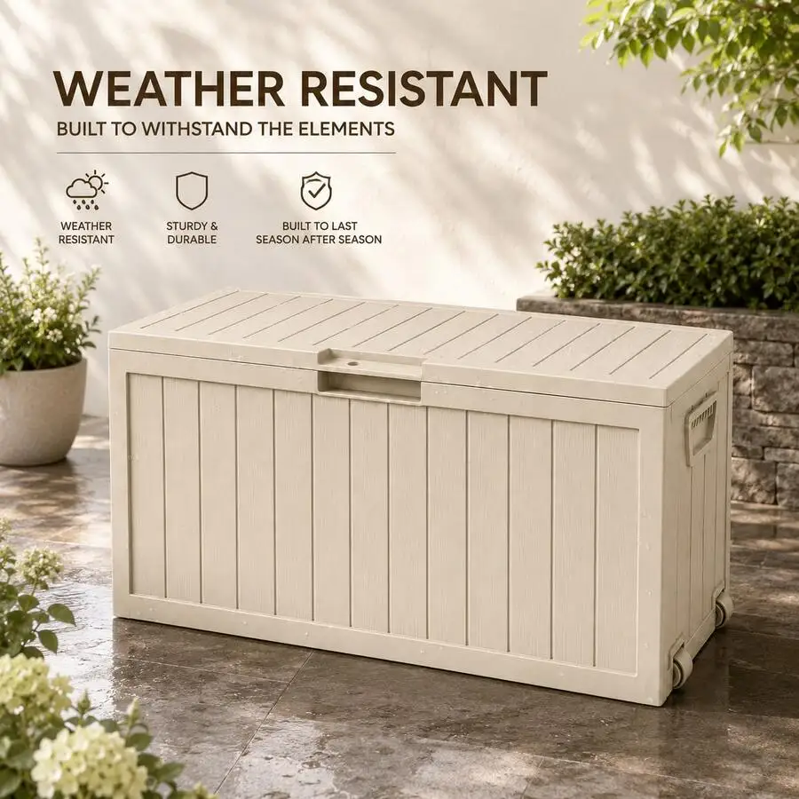 75 Gallon Outdoor Storage Deck Box With Wheels, Large Patio Storage Chest For Cushions, Garden Tools, Pool Accessories And Toys,