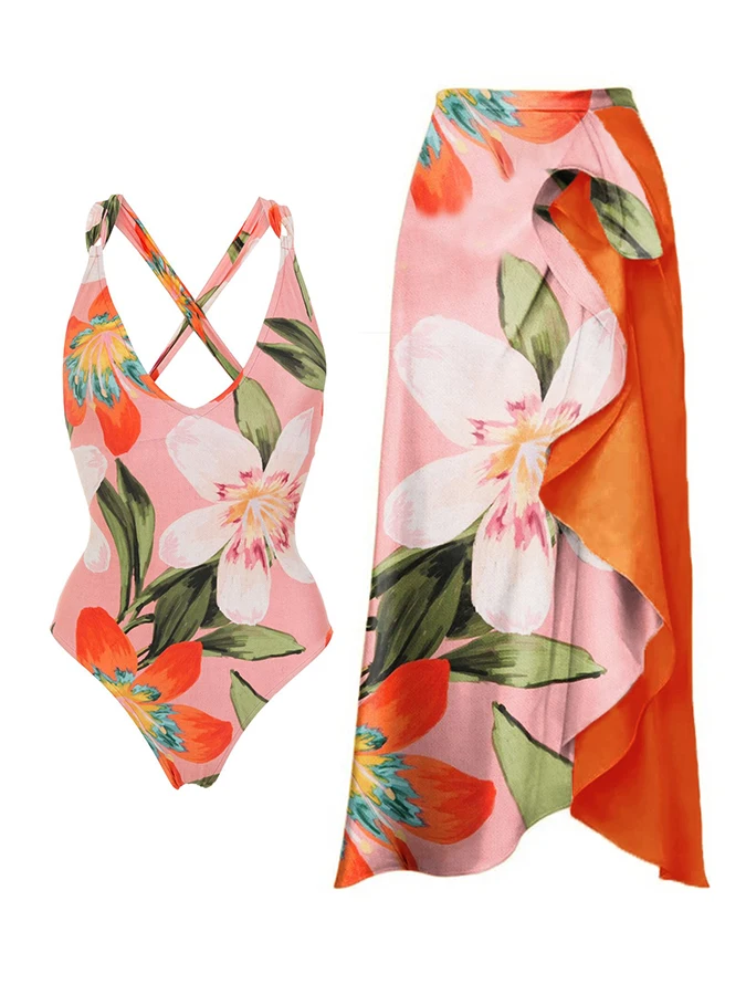 

Floral Print 2023 Summer New Swimwear Female One-Piece Swimsuit And Skirt Womenen Beach Wear Bodysuit Vacation Sexy