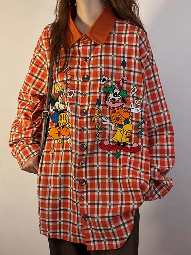 Japanese Retro Cartoon Embroidered Plaid Long-sleeved Shirt Women 2024 Spring Autumn Loose Lapel Single-breasted Cotton Tops