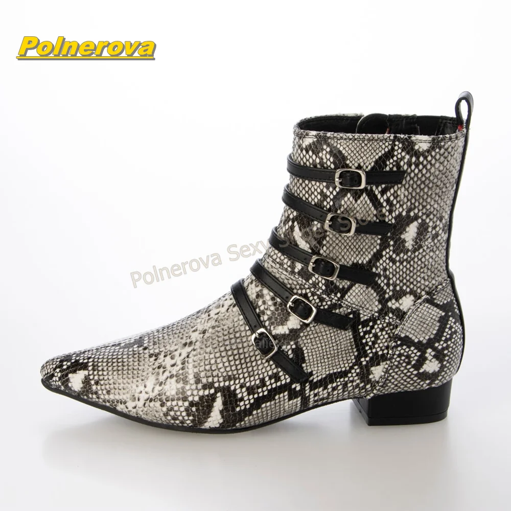 Women Snake Print Pointed Toe Ankle Boots Punk Multi Buckle Strap Low Block Heel Western Cowboy Boots Club Fashion Footwear 2026