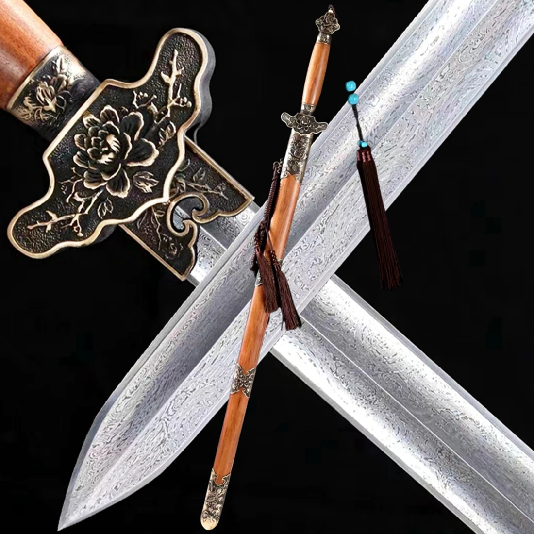 Large Groove Blade Chinese Damascus Steel Double Edge Sword Qing Dynasty KungFu/TaiChi Peony Jian Brass Fittings/Rose Wood Saya