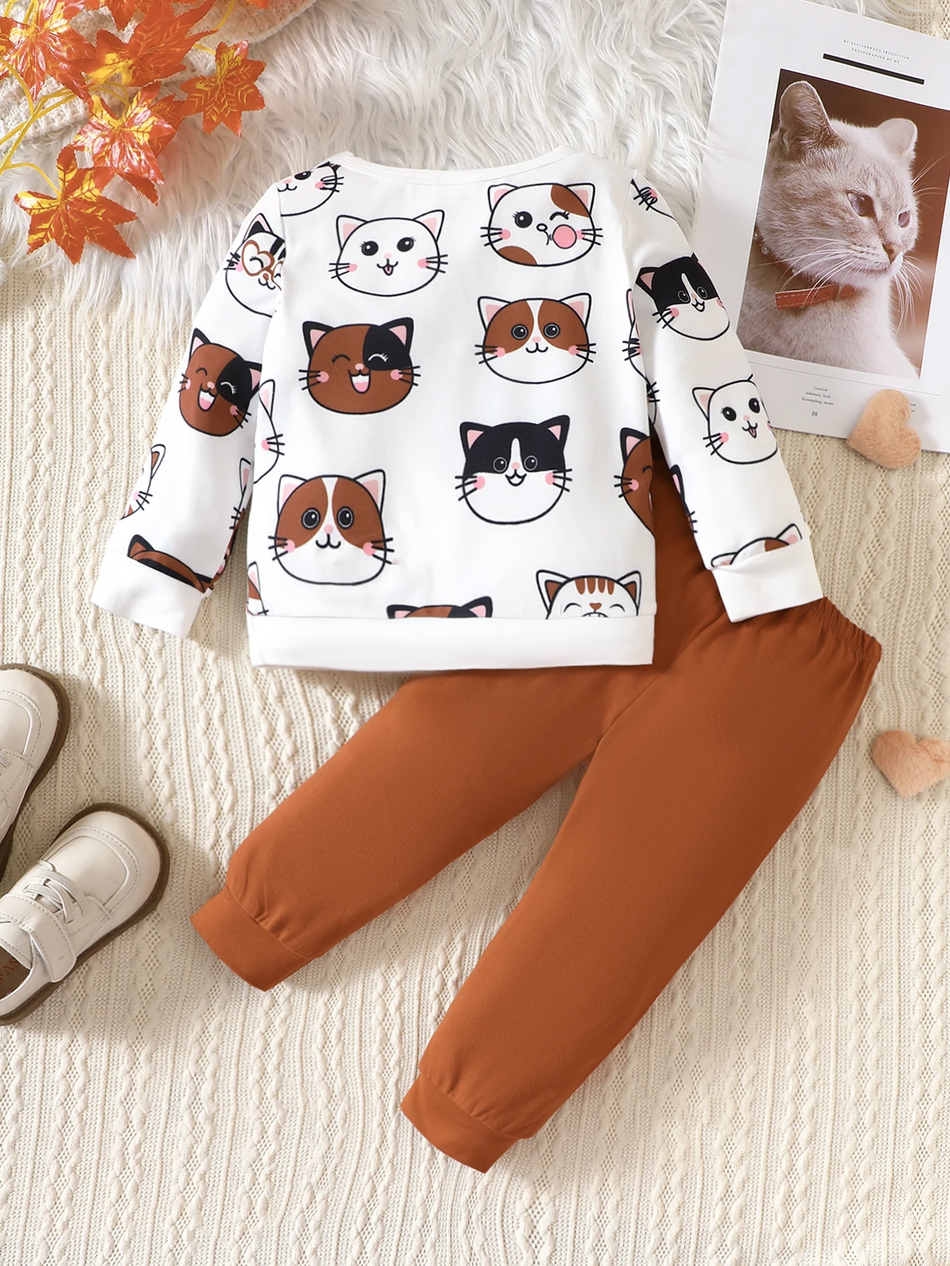 Spring And Autumn Girls And Boys Set Round Neck Long Sleeve Kitten Pattern Top Solid Color Pants Fashion Warm Infant Toddler