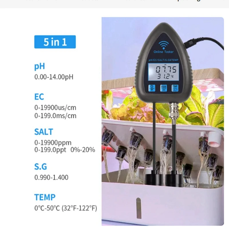 Tuya Wifi 5In1 Water Quality Tester Online Monitor TDS EC S.G Salinity Temperature Test Meter Pool PH Meter EU Plug