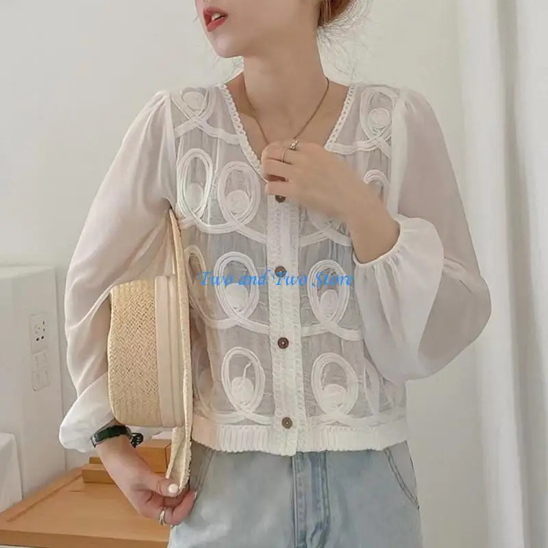 HX6F Women Puff Long Sleeve V-Neck Button Down Blouses Crochet Lace Cardigan